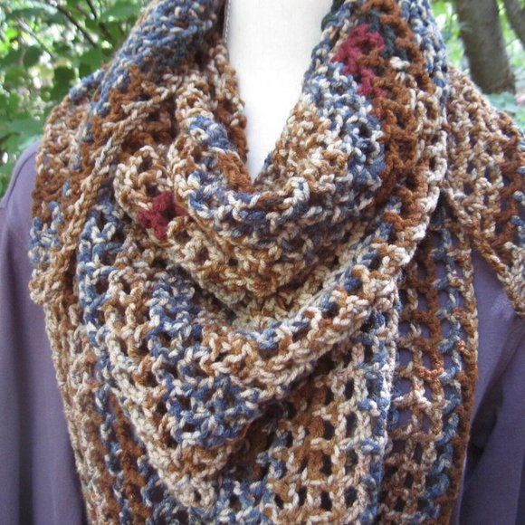 Crochet Boho Shawl Scarf, Bohemian Accessories Neutral Colored Hand Crochet - Picture 1 of 6